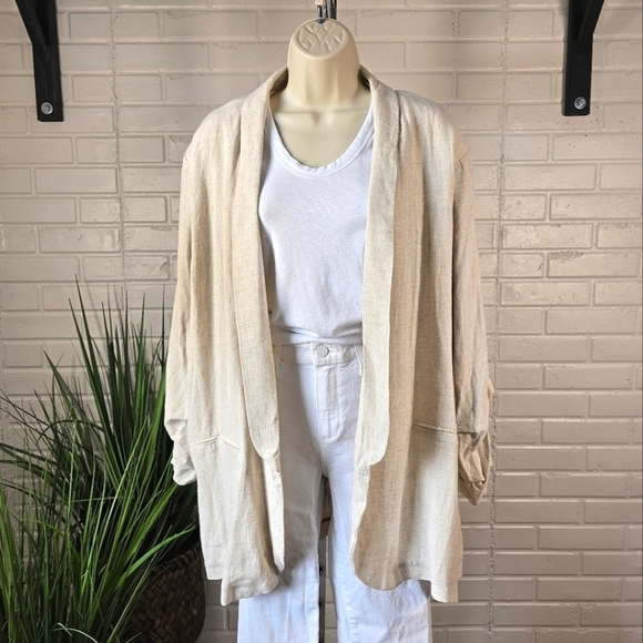 Entro Cream Open Linen Blazer Jacket Size 1x With Shirred Sleeves - Picture 3 of 13